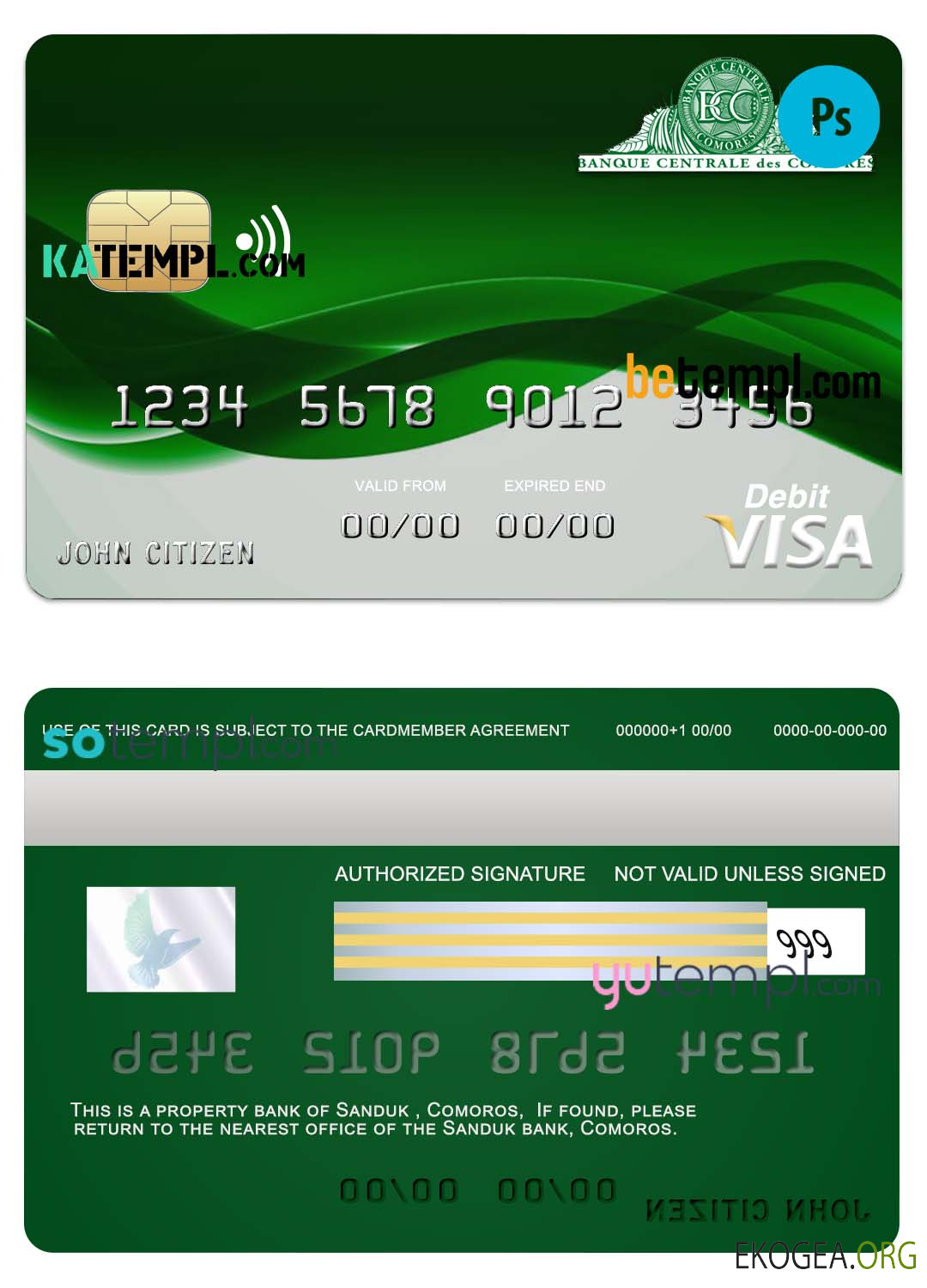 Modèle de carte de crédit visa bancaire Comores Sanduk au format PSD, entièrement modifiable